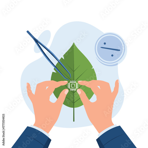 Hands carefully placing a microchip onto a leaf, illustrating the concept of bioengineering, green technology, or plant-based computing.