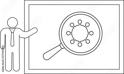 A person points at a magnifying glass over a virus on a whiteboard