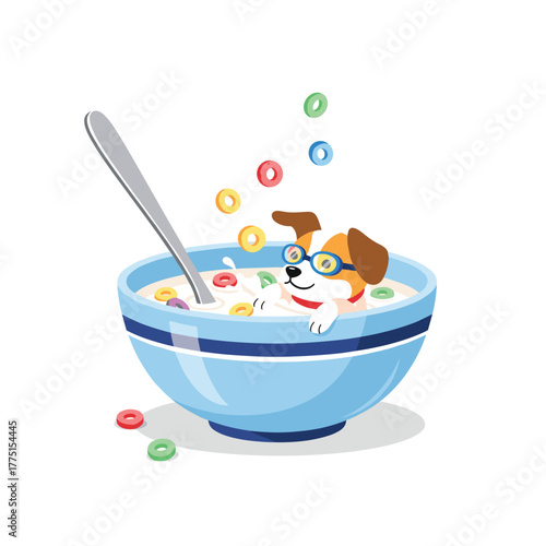 A playful cartoon dog, complete with swimming goggles, happily takes a unique dip in a large bowl filled with colorful breakfast cereal and milk.