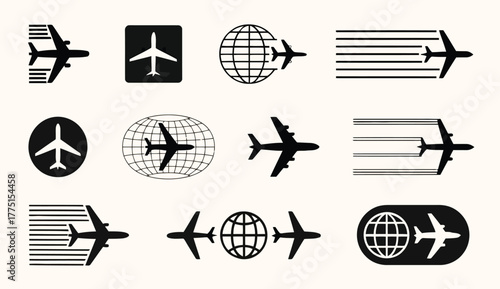 Collection of airplane icons and symbols for travel and aviation