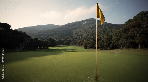 golf. Ancient golf course green glowing in morning light, manicured grass surface. event key visuals, club posters, designed for fitness apps and gym onboarding, used by fitness trainers.