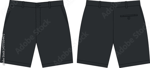 Black shorts front and back view, tailored kids clothing, button closure, belt loops, welt pocket, side pockets, casual summer fashion apparel