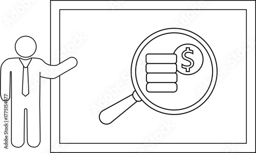 A person points to a screen showing stacked coins under a magnifying glass