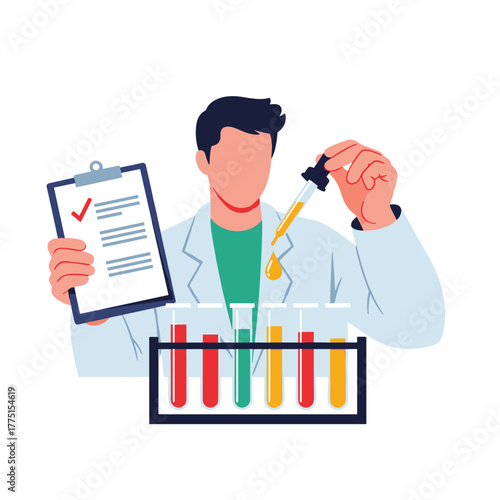 A male scientist in a lab coat performs an experiment, carefully adding liquid from a dropper to test tubes while reviewing a checklist.