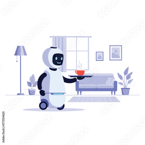 An intelligent home service robot with a smiling digital face provides a hot drink on a serving tray in a modern living room setting.