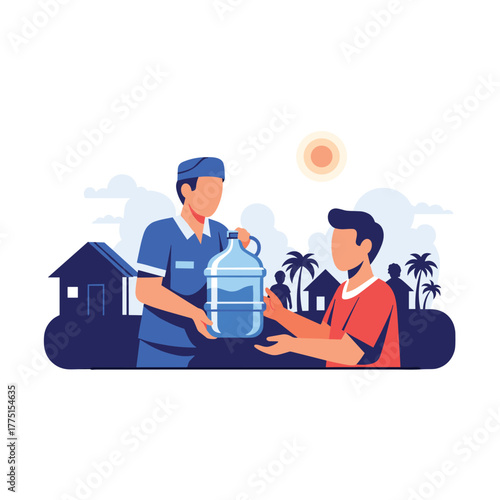 A man in a blue uniform delivers a large bottle of clean drinking water to another man in a rural village setting, symbolizing aid and essential supply.