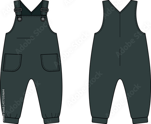 Children overalls front and back view, dark denim kids jumpsuit, toddler fashion clothing, adjustable straps, chest pocket, elastic ankle cuffs