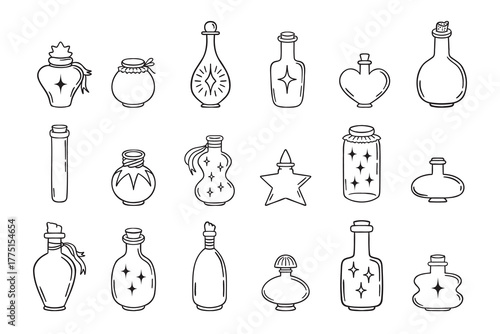 Magic flasks, bottles and jars doodle hand drawn icon set. Outline drawing line clipart symbol collection