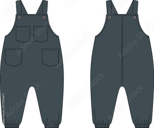 Children overalls front and back view, dark toddler jumpsuit, kids denim clothing, fashion apparel, chest pockets, elastic ankle cuffs, stitched seams