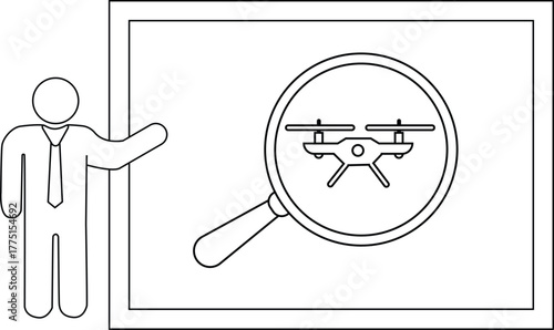 A presentation shows a drone under a magnifying glass next to a person