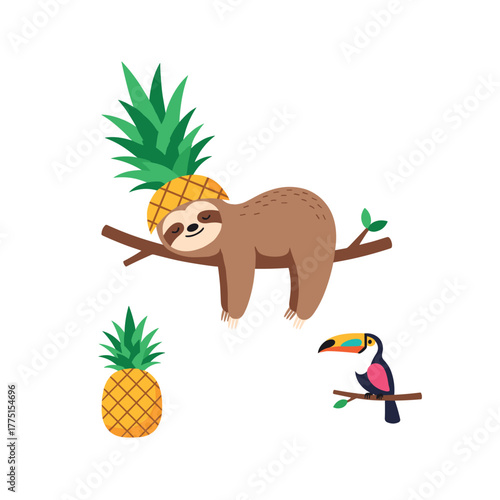 Adorable tropical scene featuring a sleepy sloth with a pineapple hat, a colorful toucan, and a juicy pineapple on a branch.