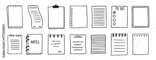 sheets various notebooks doodle hand drawn outline set. paper with stripes or dots, blank collection. Notebooks reminder, memory sketch pages. notes sheet