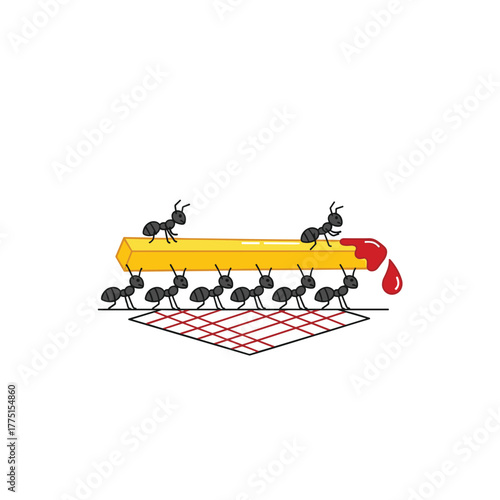 A line of tiny ants demonstrates remarkable teamwork by carrying a golden french fry dipped in red ketchup over a checkered cloth.