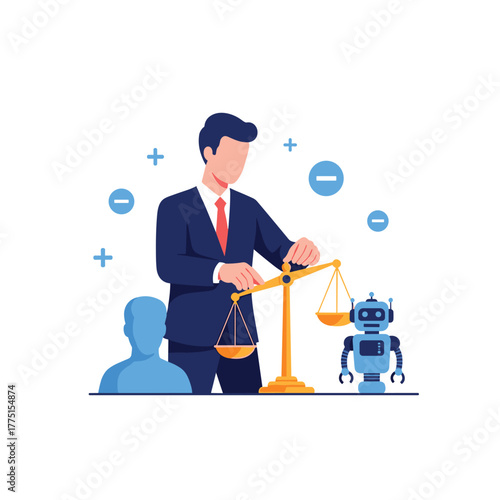 A man in a suit balances a human silhouette and a robot on a scale, symbolizing ethical considerations and the impact of artificial intelligence.