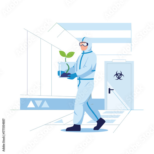 Researcher in a full-body protective suit carrying a small plant in a lab with a biohazard door.