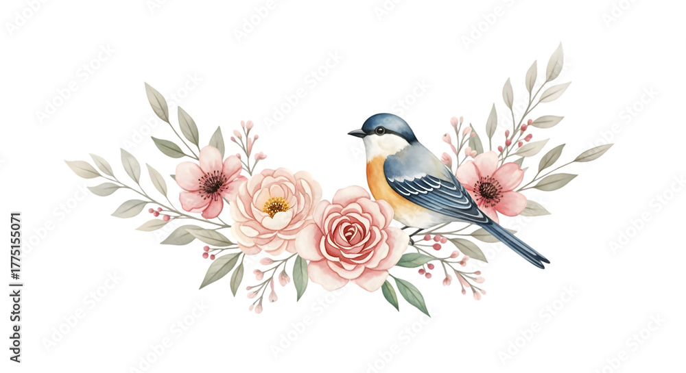 Obraz premium Watercolor Illustration of a Blue and Orange Bird Amidst Pink and Yellow Flowers Isolated on Transparent Background