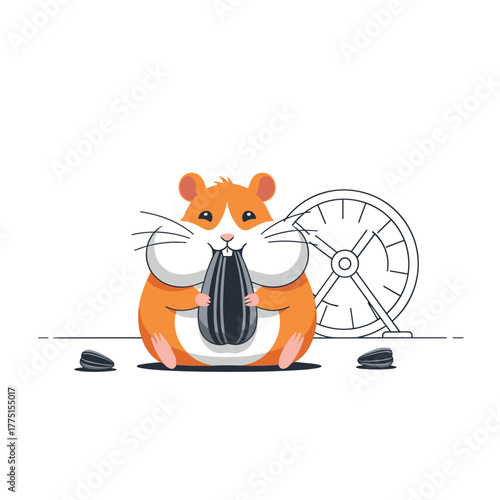 A cute, chubby orange hamster with full cheek pouches happily enjoys a sunflower seed, with a classic hamster wheel in the background.