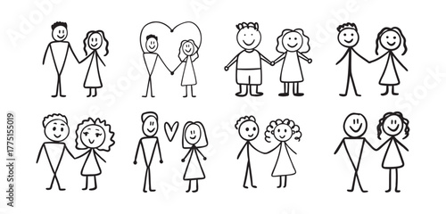 child drawing of a cute couple. simple sketch naive drawing of little people circles and lines. Love concept set