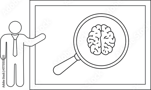 A simplified figure presents a brain under a magnifying glass on a whiteboard