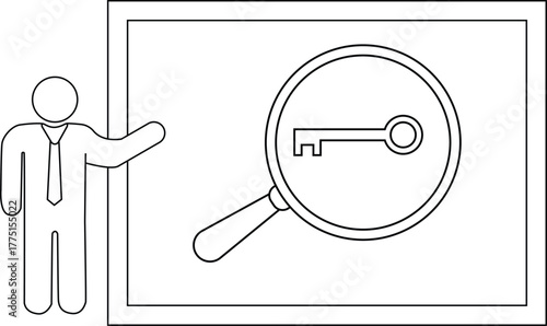 A stick figure in a tie pointing to a framed magnifying glass focusing on a key