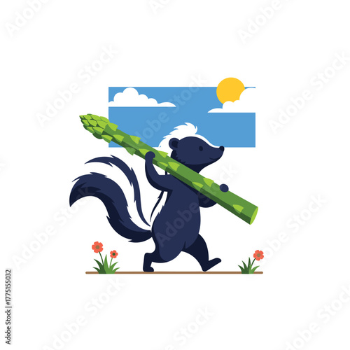 A cheerful skunk carries a giant asparagus spear over its shoulder under a bright blue sky with clouds and a yellow sun.