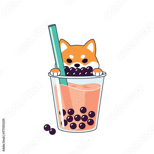 Adorable Shiba Inu dog playfully peeking out of a bubble tea cup, complete with a green straw and sweet tapioca pearls.