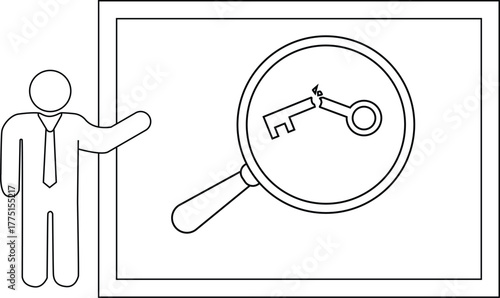 A stick figure is presenting a poster with a broken key under a magnifying glass