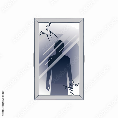 Silhouette in shattered mirror reflecting inner turmoil and broken self