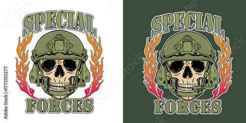 A Special Forces skull mascot wearing a combat helmet and a military radio. This image is suitable for T-shirt illustrations, mascots, and other military-themed illustrations because it is editable.