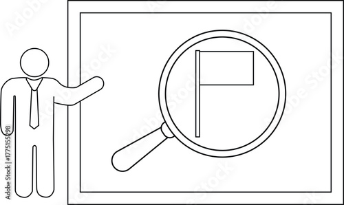 A stick figure presenting a whiteboard with a flag under a magnifying glass