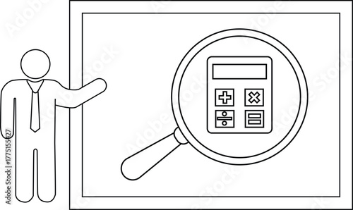 Cartoon outline of a person presenting a framed magnifying glass focusing on a calculator with mathematical symbols