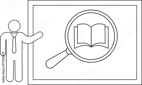 Illustration shows a presenter beside a board with a magnifying glass over a book