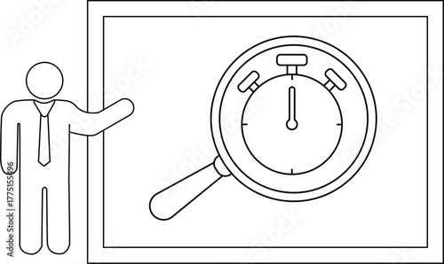 Line art depicts a person next to a framed stopwatch under magnification