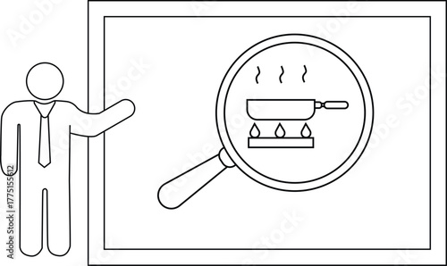 Line drawing of a person presenting a cooking scene with a magnifying glass