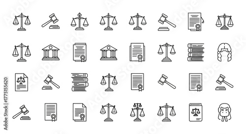 Set of law and justice icons outline vector symbols for legal services isolated on white background