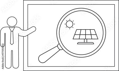Man gestures to a screen showing a solar panel under a magnifying glass