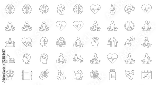 Set of mental health icons thin line vector symbols for psychology and wellness isolated on white background