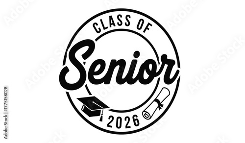 Class of senior 2026 graduation cap and diploma emblem symbol design in black and white