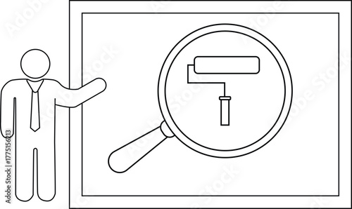 Outlined figure gestures to framed paint roller magnified by a magnifying glass