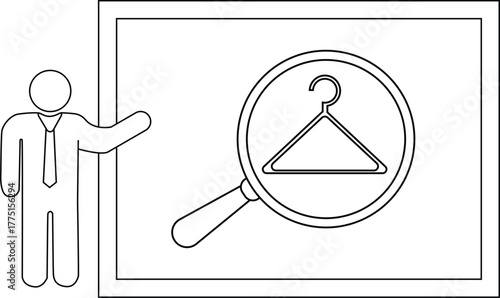 Presentation of clothing inspection man gestures to hanger under magnification on screen