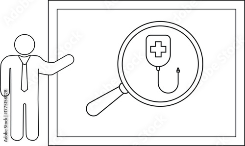 Stick figure presents blood bag icon under magnifying glass on screen