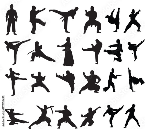 set of silhouettes of kungfu set
