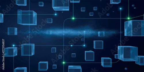 Abstract blue network background featuring transparent cubes and glowing connections ideal for technology and data concepts