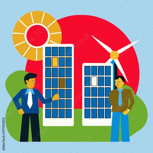 Two businessmen discuss renewable energy solutions with solar panels and wind turbine isolated on white background isolated on transparent background silhouette