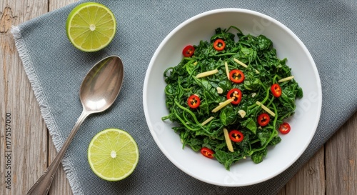 Wallpaper Mural A vibrant bowl of green leafy vegetables, seasoned with chili and ginger, served with lime halves and a spoon on a rustic wooden surface Torontodigital.ca