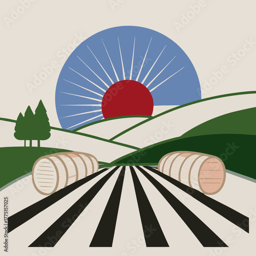 Stylized landscape with rolling hills sun and barrels isolated on white background isolated on transparent background silhouette