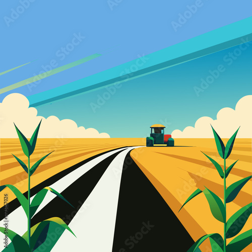 Stylized tractor on a golden field with a path and green plants isolated on white background isolated on transparent background silhouette