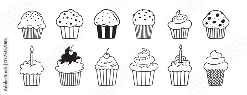 Baked dessert for birthday party muffins or cupcakes doodle hand drawn icon set. Outline drawing line clipart symbol collection