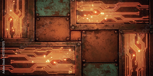 Abstract circuit board design with glowing lights set in a rusty metal panel background ideal for technology concepts