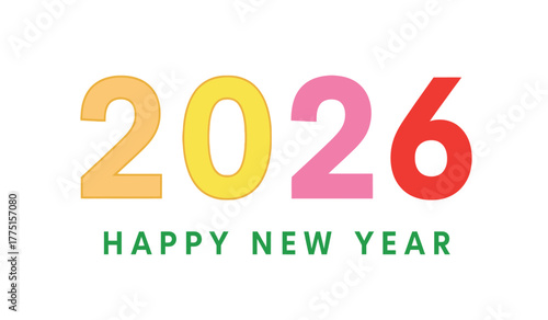 Colorful numbers forming the year 2026 with the text happy new year below, representing a celebration and the start of a new calendar year with festive anticipation and good wishes for the future.